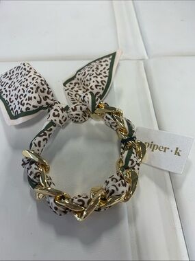 Piper K Gold Chain Scarf Bracelet Cheetah White, Brown and Green Trim